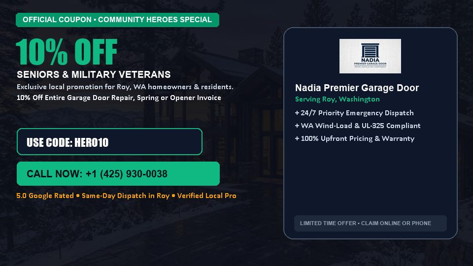 Nadia Premier Garage Door 10% OFF Seniors & Military Veterans in Roy, WA